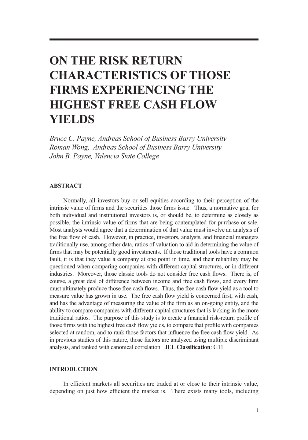 Thumbnail for On the Risk Return Characteristics of Those Firms Experiencing The Highest Free Cash Flow Yields